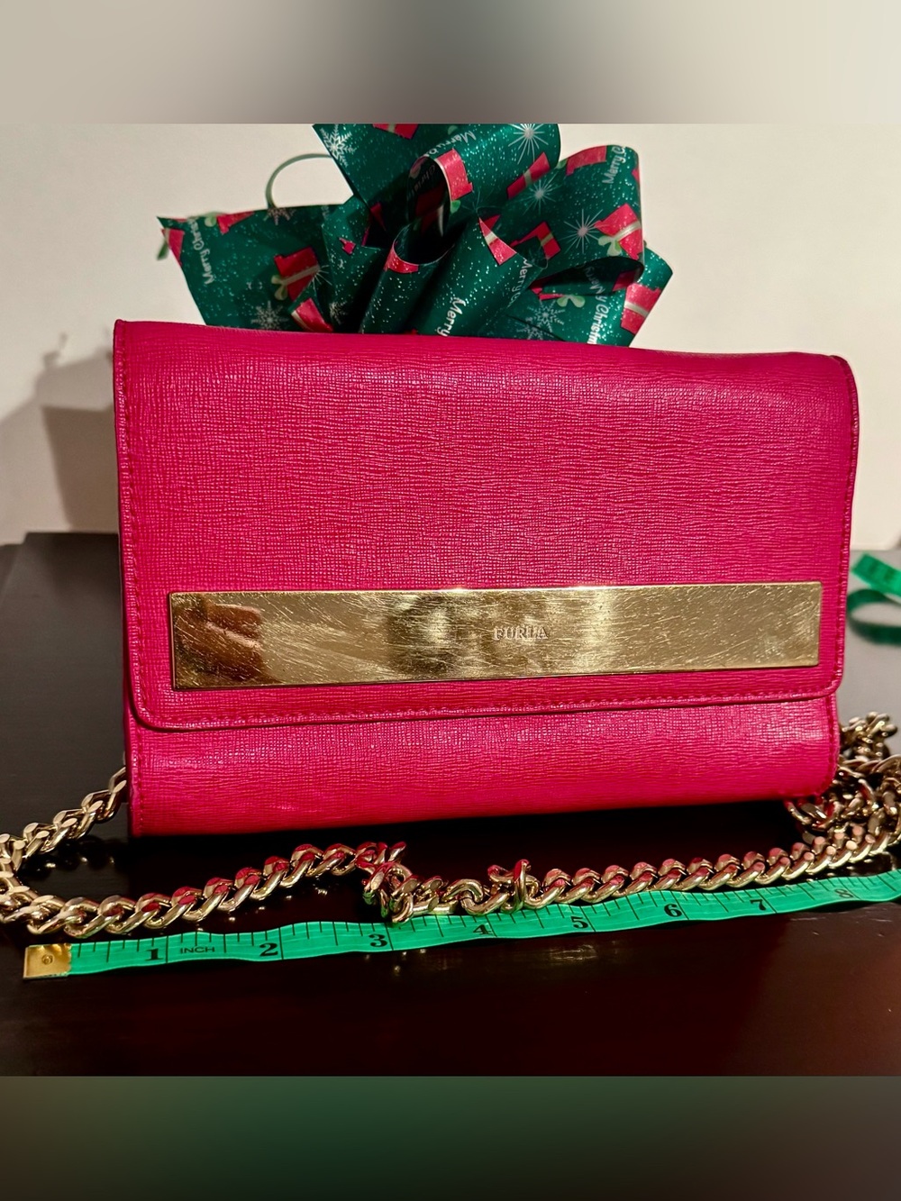 FURLA Pink Leather Gold Bar Convertible Crossbody Clutch Bag